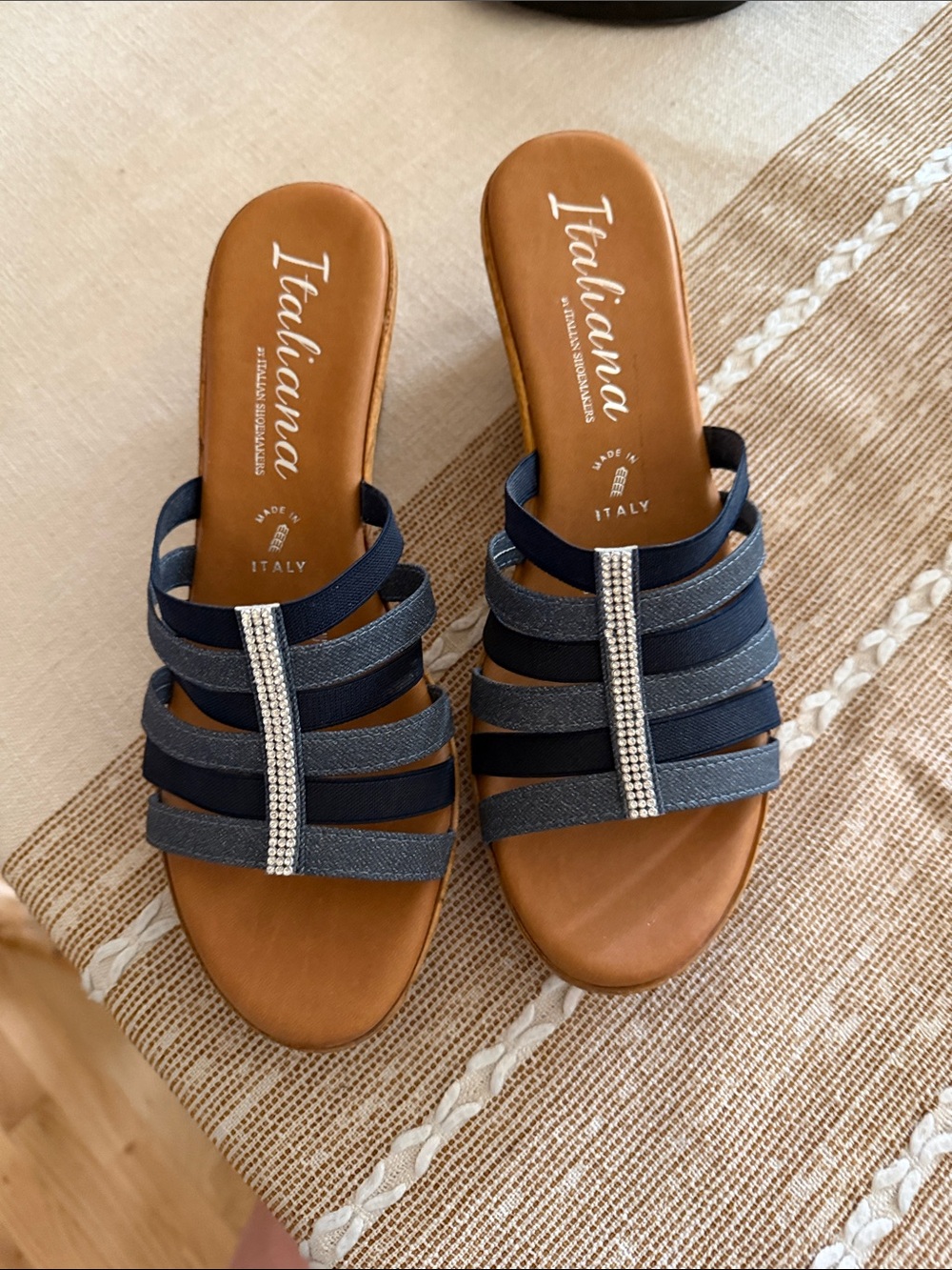 Italiana Navy and Tan Rhinestone-Strap Slide Mules